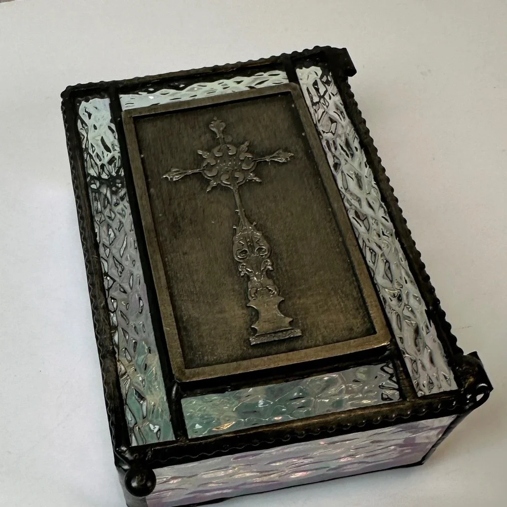 Vintage Stained Glass Trinket Box Iridescent Gothic Cross Pewter Finish 4x3x2